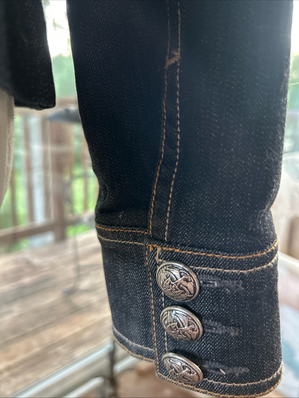 Vintage Old Navy Dark Blue Denim Military-Style Jacket with Contrast Stitching L - Picture 9 of 12